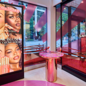 A bright, modern Charlotte Tilbury store displays a large ad for Unreal Blush Healthy Glow Stick featuring four diverse models and glowing makeup. Pink décor and city view through large windows enhance the vibrant setting.